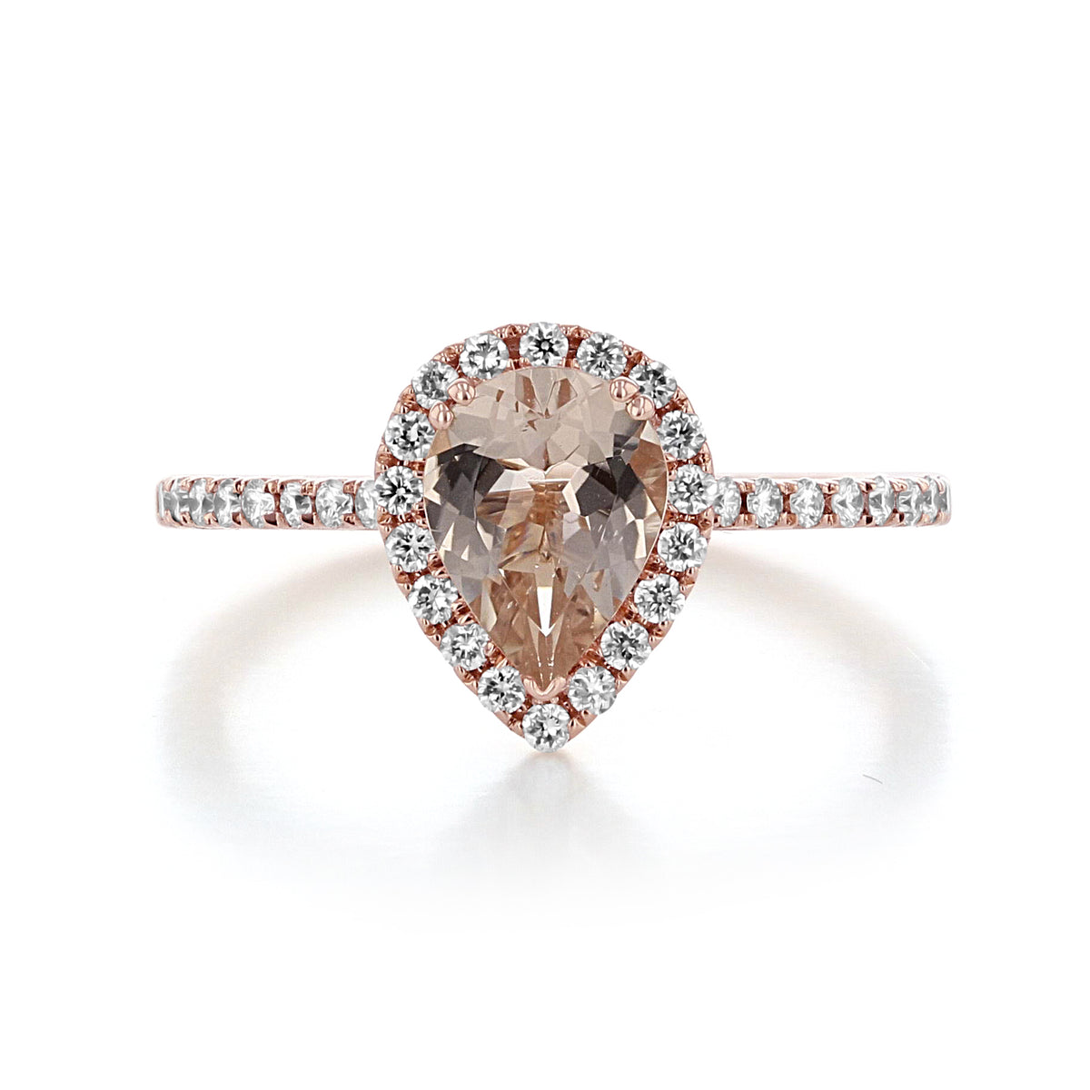 Makur Morganite Engagement Ring | R862-4 featuring a pear-shaped morganite stone, a diamond halo, and a diamond-accented rose gold band.