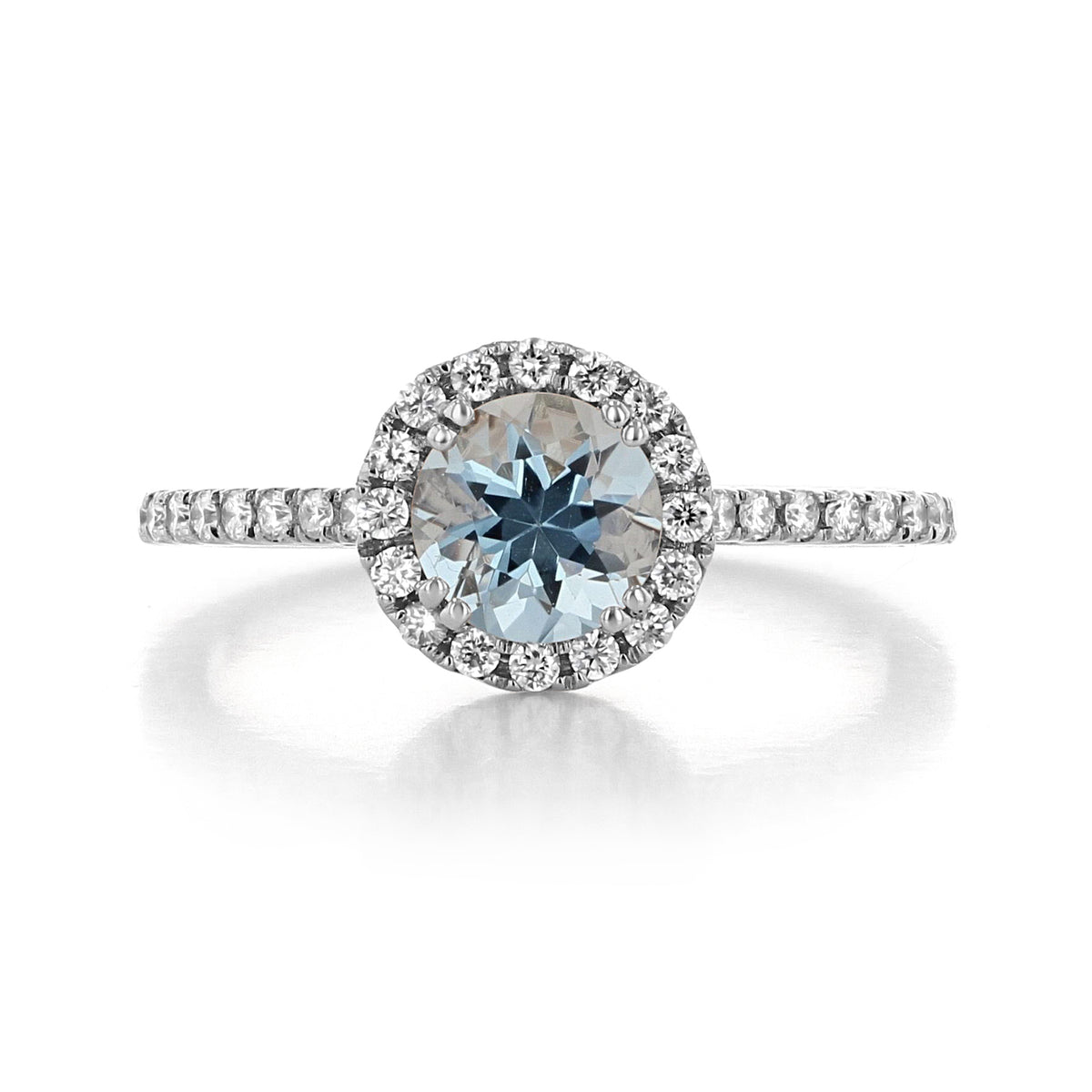 Makur Aquamarine Engagement Ring R0868-4AQ featuring a round aquamarine gemstone with a diamond halo and pavé band.