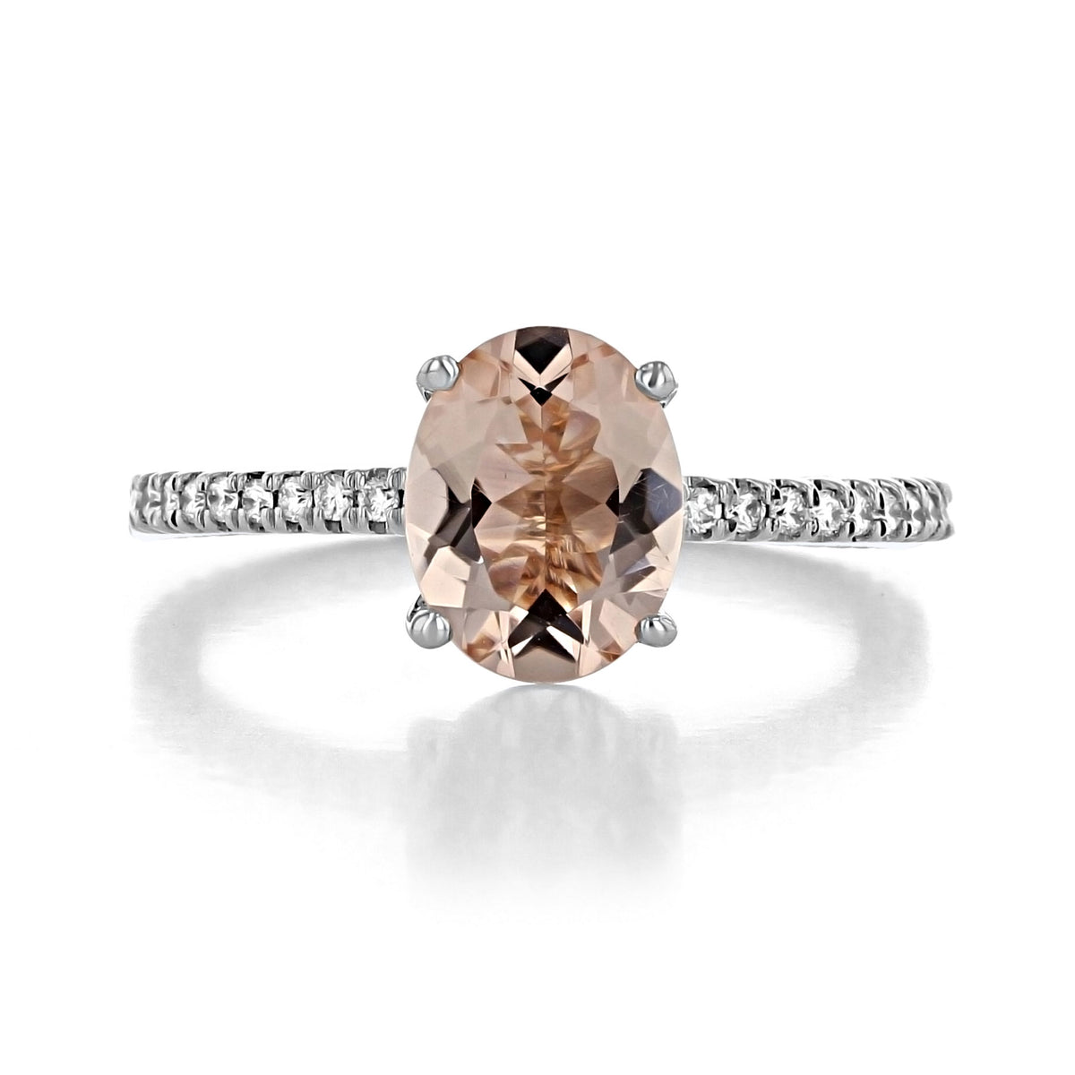 Makur Morganite Engagement Ring | R0999-4 featuring an oval-cut, peach-colored morganite gemstone set in white gold with a diamond-studded band.