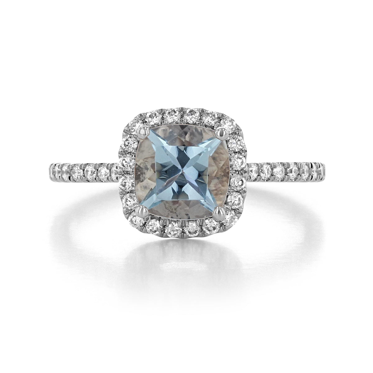 Makur Aquamarine Engagement Ring R1034-4 featuring a cushion-cut aquamarine in a diamond halo setting on a pavé band, perfect as a March birthstone ring.