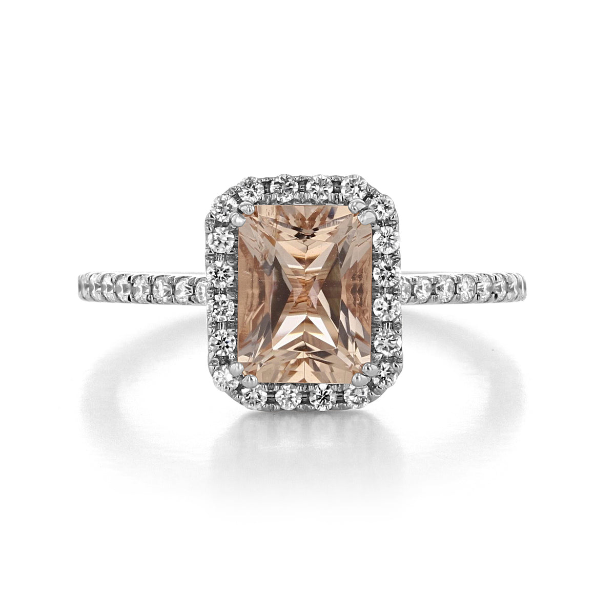 Makur Morganite Engagement Ring | R1052-4 featuring an emerald-shaped morganite, a diamond halo, and a pavé-set platinum band.