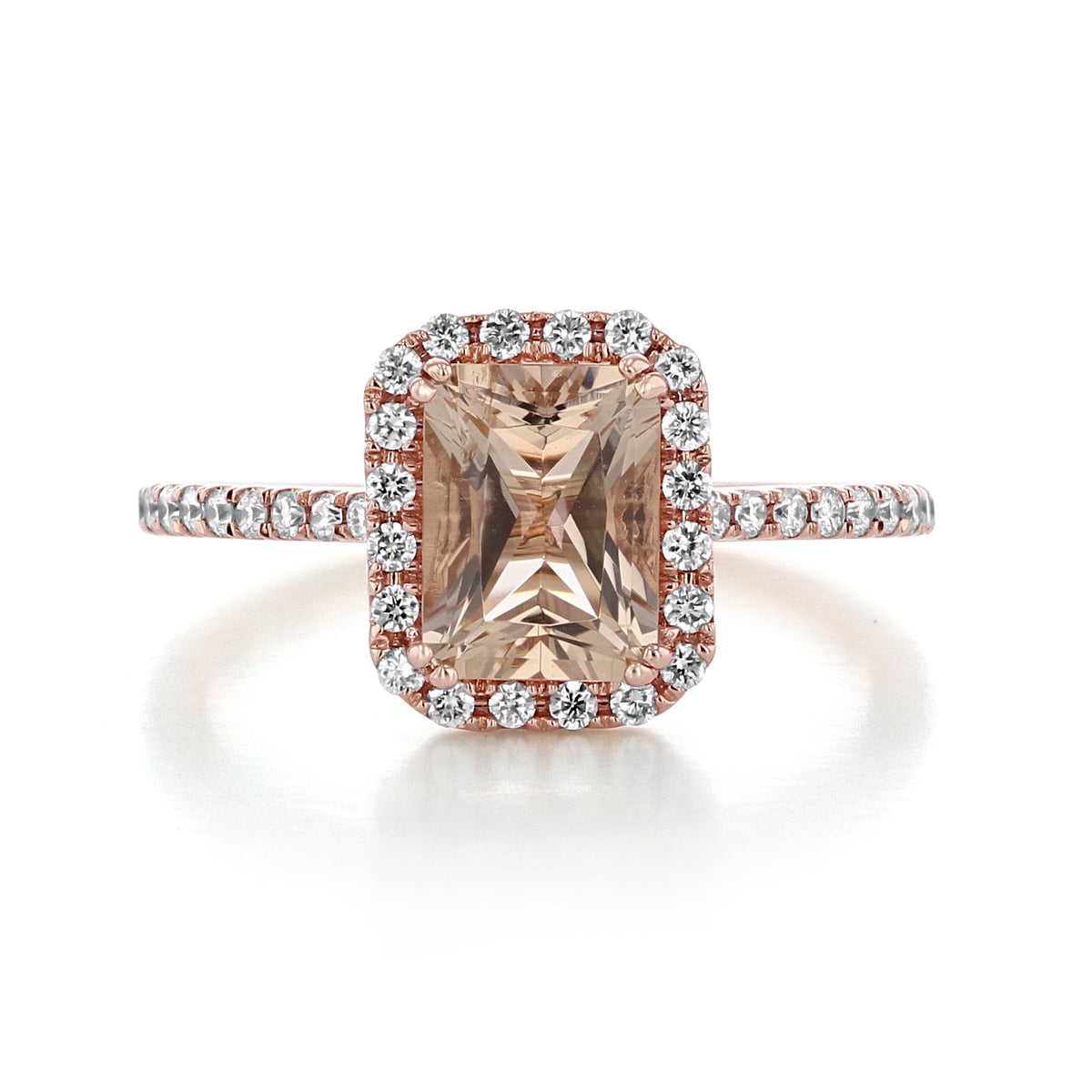 Makur Morganite Engagement Ring | R1052-4 featuring an emerald-shaped morganite stone with a diamond halo and pavé band on a rose gold setting.