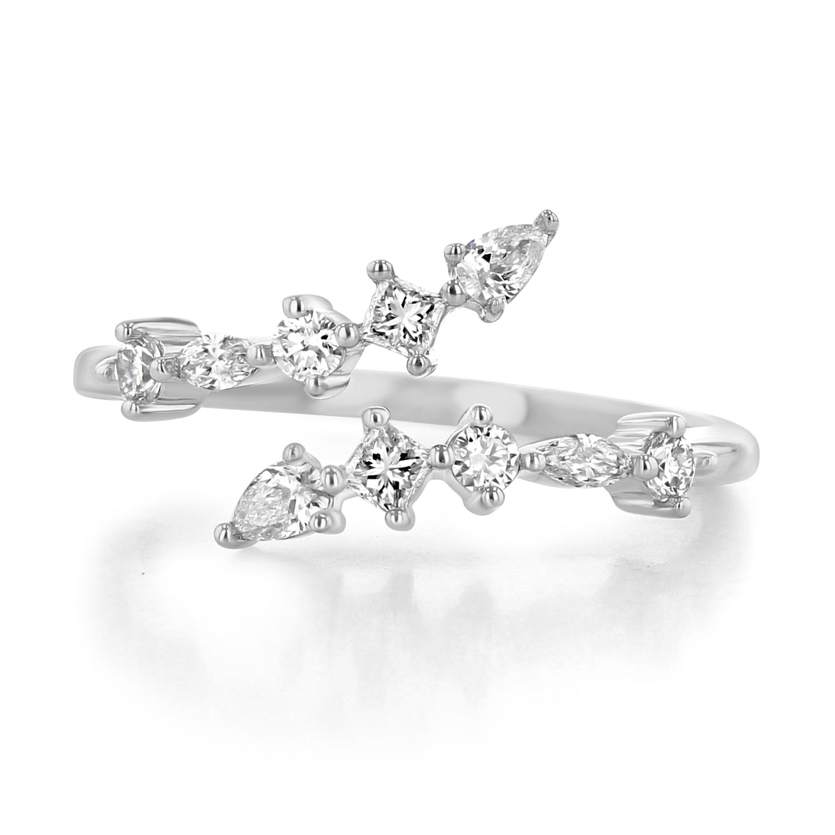 Makur Prong Set Diamond Bypass Ring | R1144 featuring two parallel rows of prong-set diamonds in pear, round, and square shapes.