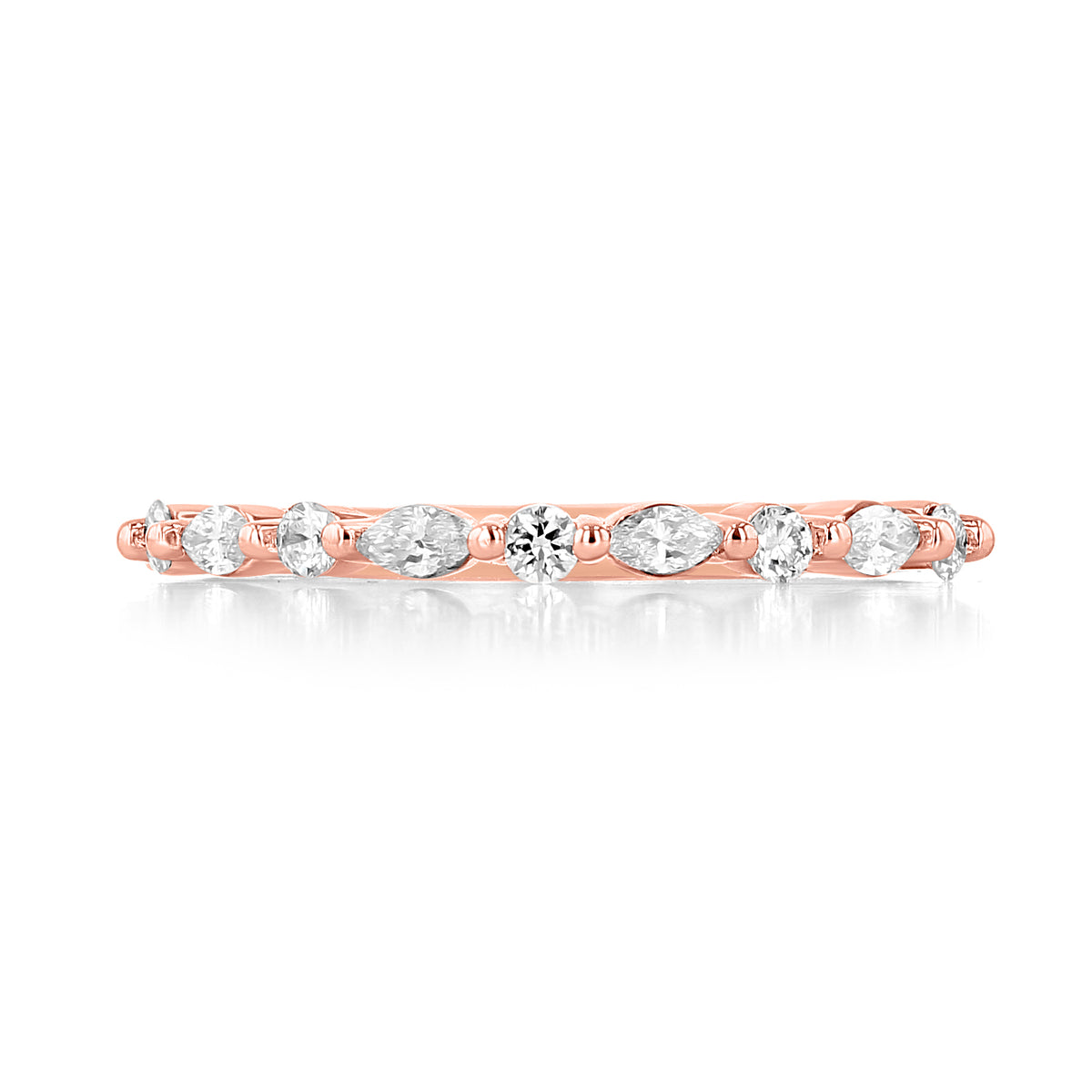 Makur Navara | Marquise Prong-Set Diamond Wedding Band in 14k rose gold with alternating round and marquise-cut diamonds in prong settings.
