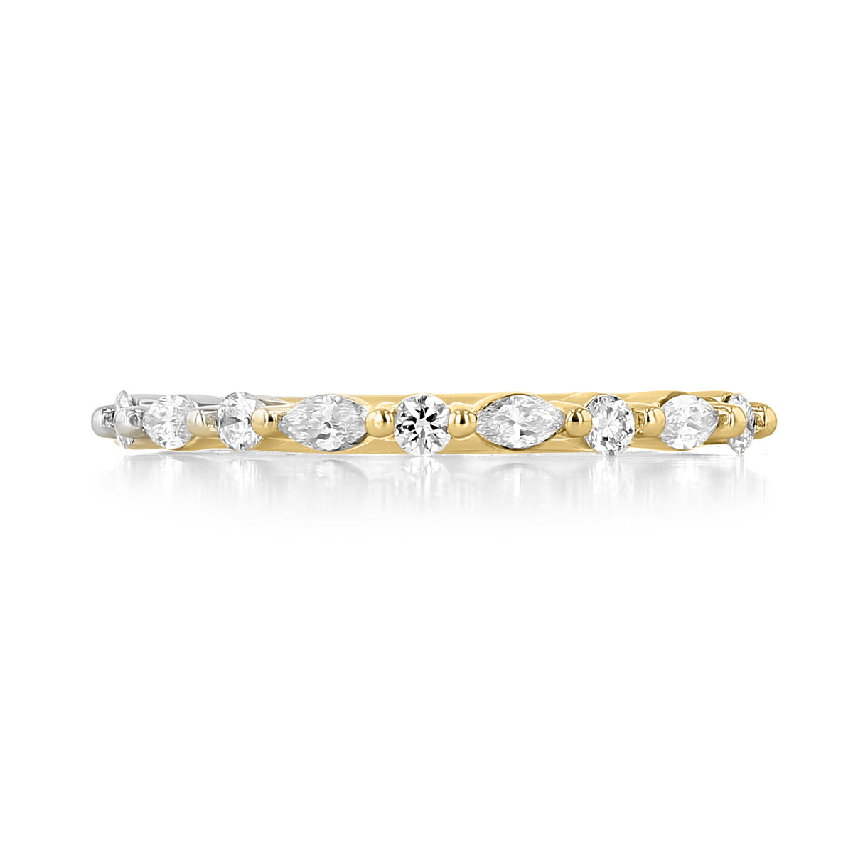 Makur Navara | Marquise Prong-Set Diamond Wedding Band in 14k yellow gold, featuring an alternating pattern of prong-set marquise-cut and round-cut diamonds.