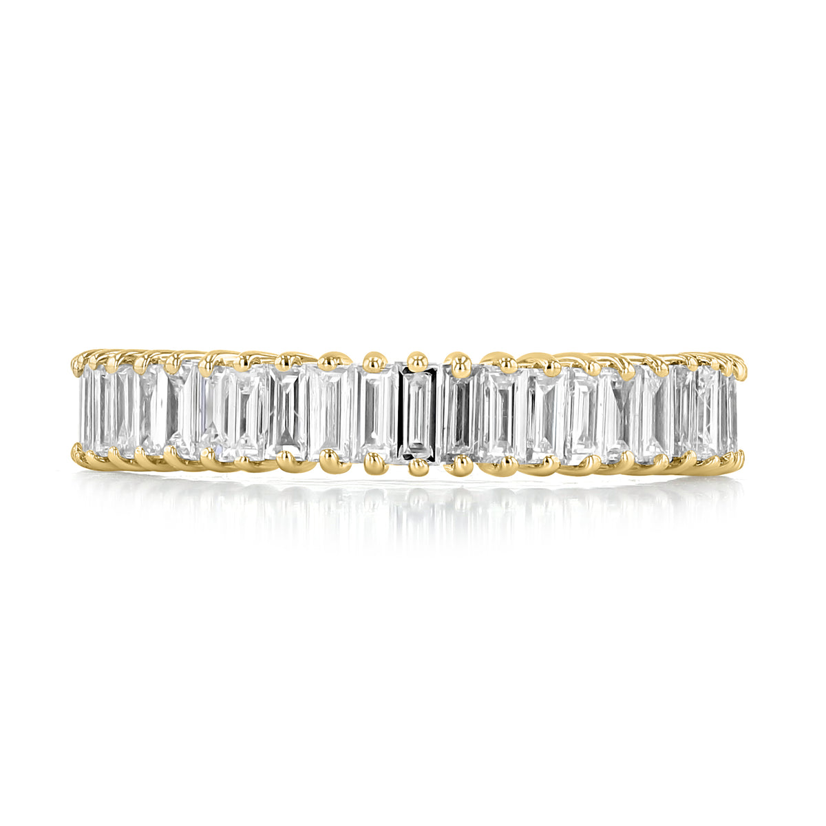 Makur Montrose baguette diamond wedding band in yellow gold featuring a continuous row of prong-set baguette diamonds.