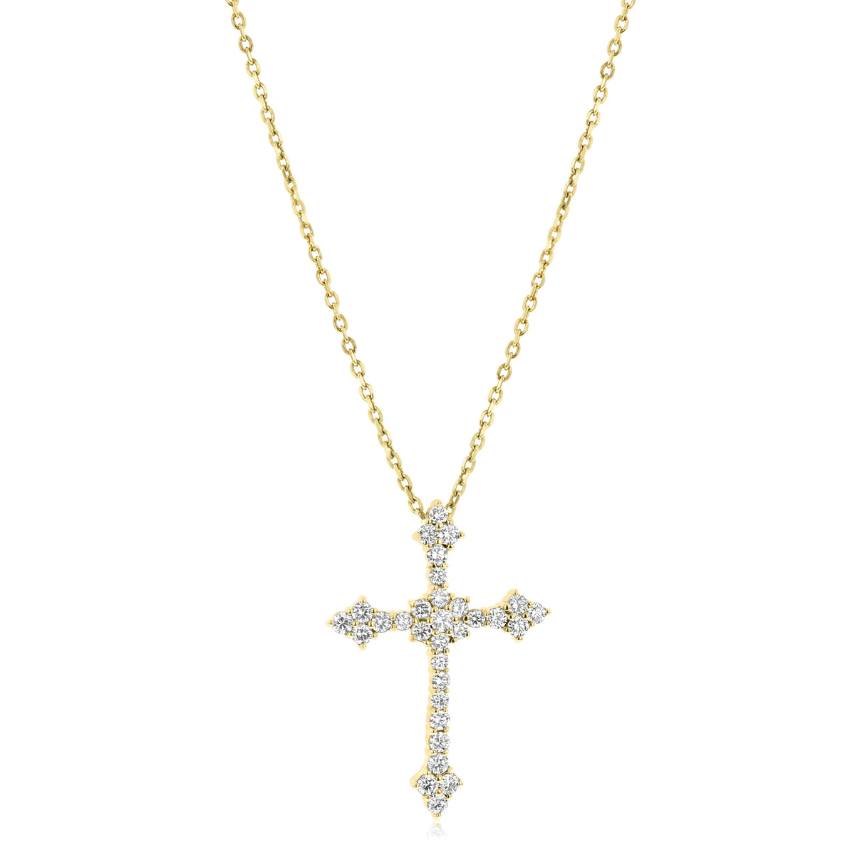 14K Yellow Gold Pavé Diamond Cross Pendant | R80081D featuring pavé diamond accents on a yellow gold cross hanging from a matching chain.