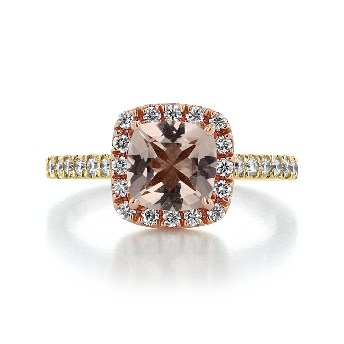 Makur Morganite Engagement Ring | R829-4 featuring a cushion-cut morganite, diamond halo, and pavé-set yellow gold band.