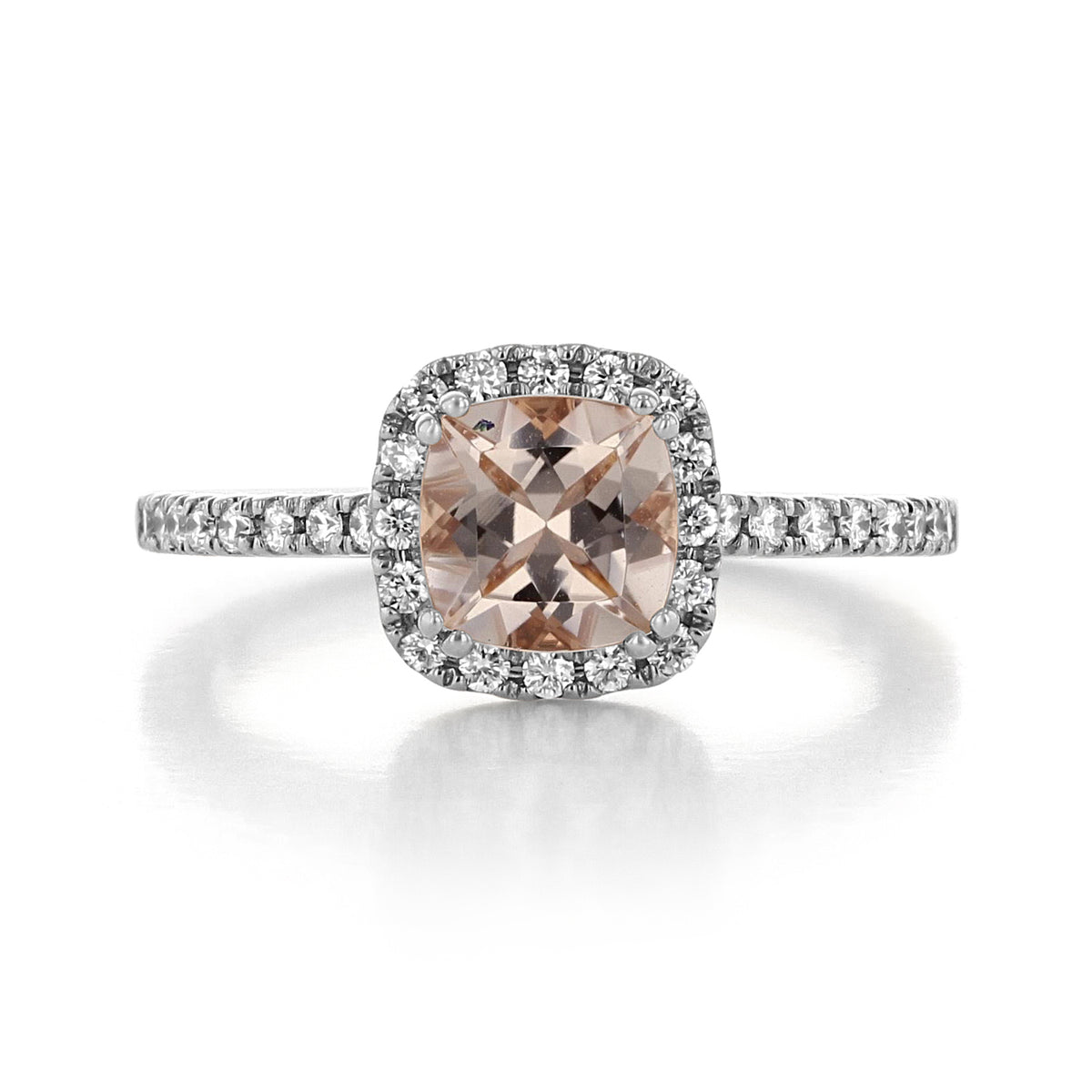 Makur Morganite Engagement Ring | R848-4 featuring a cushion-cut peach morganite, a diamond halo, and a diamond-set 14k white gold band.