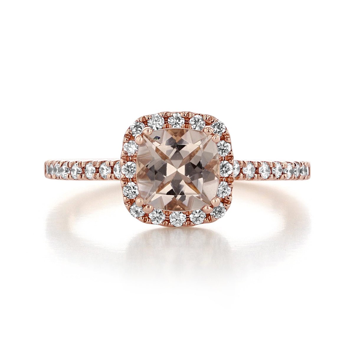 Makur Morganite Engagement Ring R848-4 featuring a cushion-cut morganite in 14k rose gold with a diamond halo and pavé-set diamond band.