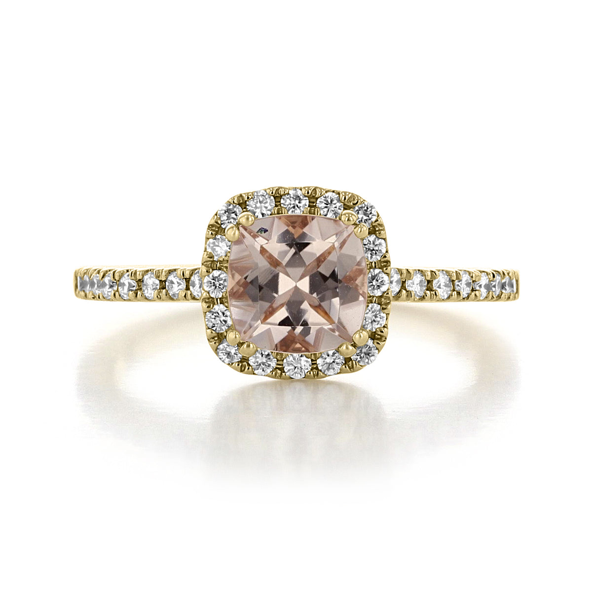 Makur Morganite Engagement Ring R848-4 featuring a cushion-cut morganite, a diamond halo, and a diamond-set band in 14k yellow gold.