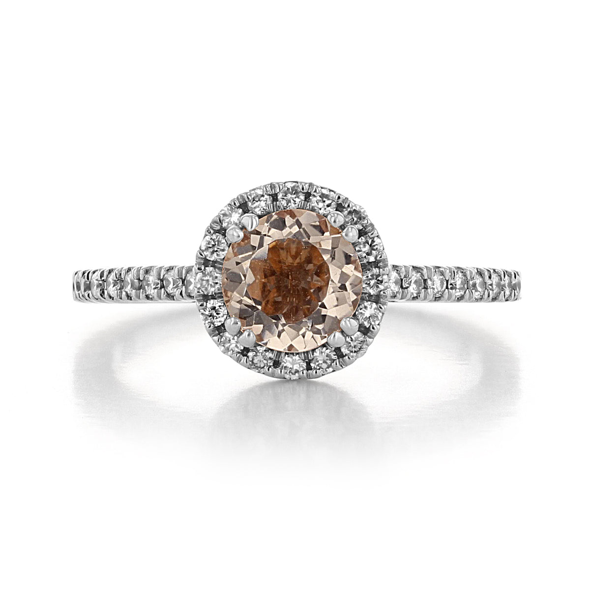 Makur Morganite Engagement Ring R868-4 featuring a round peach-pink morganite gemstone in a diamond halo setting on a pavé band.