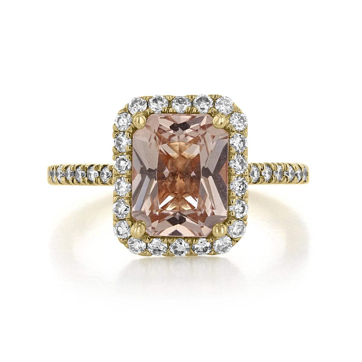 Makur Morganite Engagement Ring | R893-4 featuring a rectangular peach-colored morganite in a vintage yellow gold setting with a diamond halo and diamond-accented band.