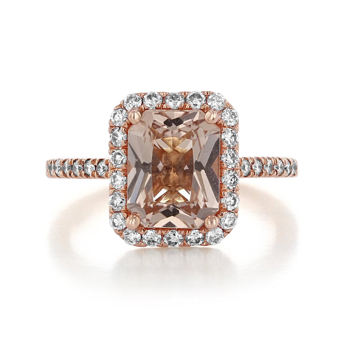 Makur Morganite Engagement Ring | R893-4 in rose gold, featuring a rectangular morganite center stone with a diamond halo on a diamond-accented vintage band.
