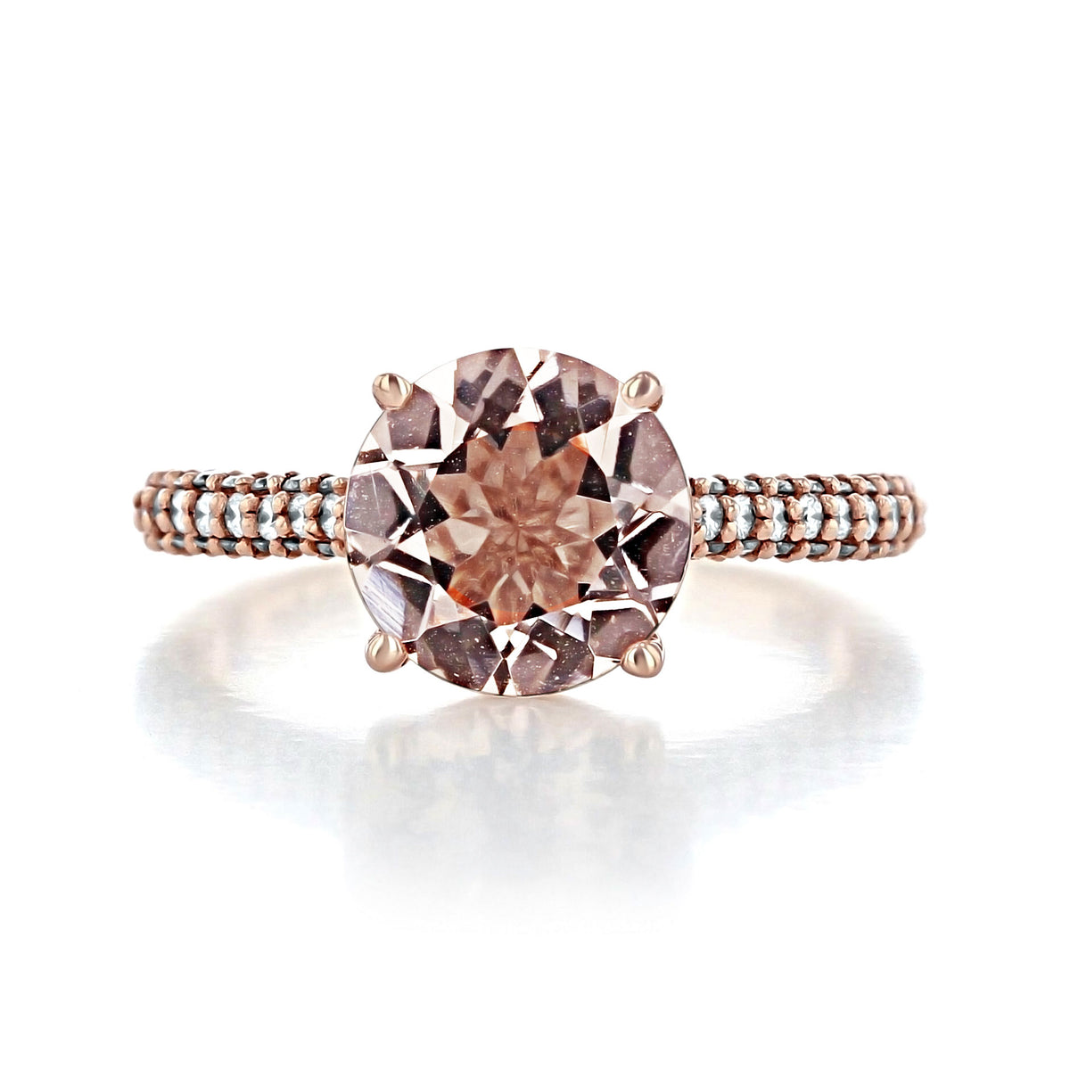 Makur Morganite Engagement Ring | R939-4 featuring a round peach-colored morganite center stone and a pavé diamond band set in 14k rose gold.