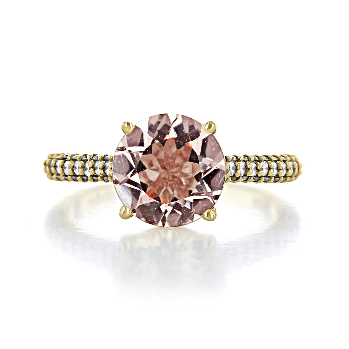 Makur Morganite Engagement Ring R939-4 featuring a round morganite stone on a 14k yellow gold pavé-set diamond band.