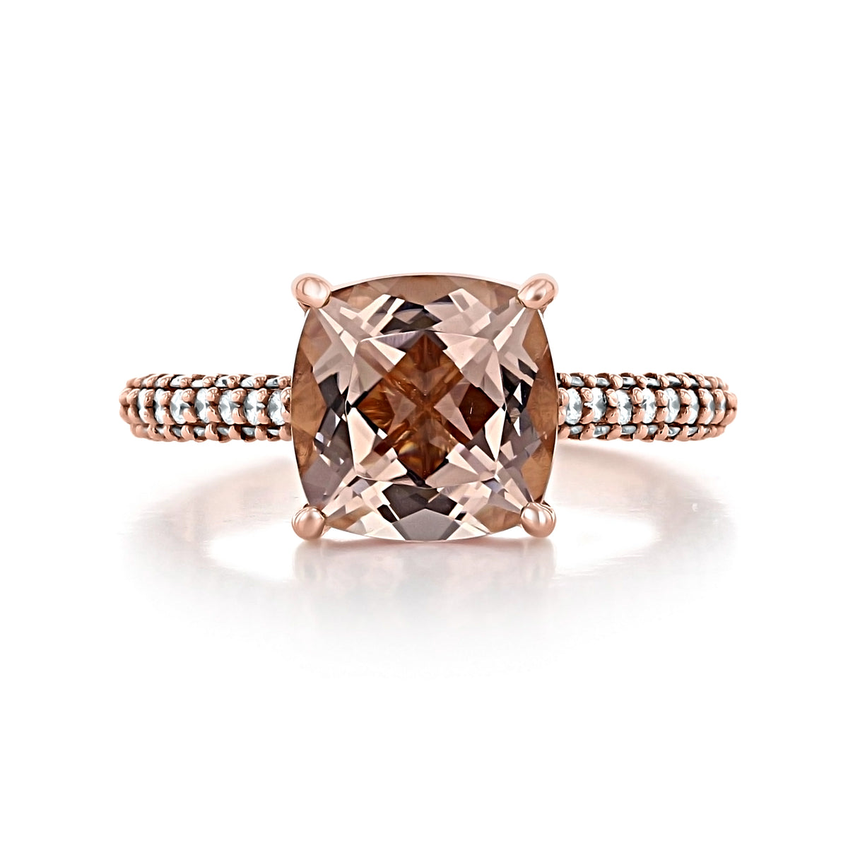 The Makur Morganite Engagement Ring | R940-4, a cushion-cut morganite engagement ring with a rose gold band featuring two rows of pavé-set diamonds.