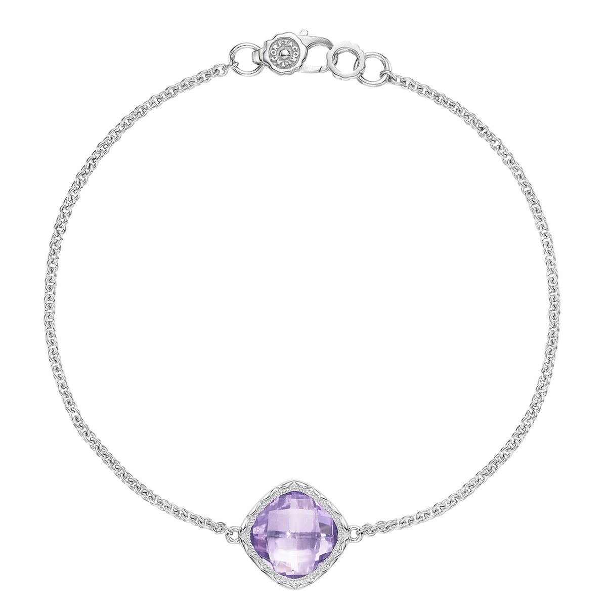 Crescent Embrace Rose Amethyst Fashion Bracelet | SB22313 featuring a silver chain bracelet with a cushion-cut rose amethyst gemstone in a decorative setting.