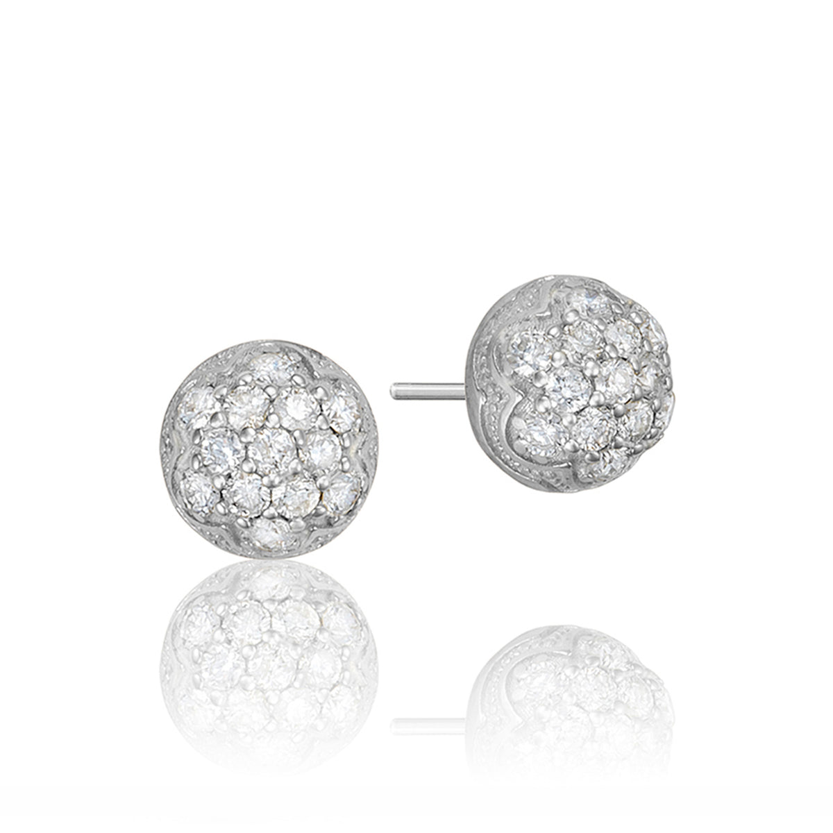 Sonoma Mist Petite Diamond Fashion Earrings SE203 by Tacori featuring round clusters of diamonds set in silver baskets with carved scalloped edges.