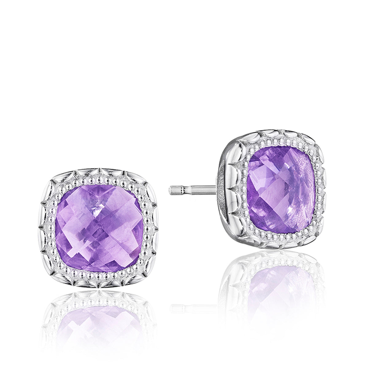 Crescent Embrace Amethyst Fashion Earrings (SE24501) by Tacori are square silver stud earrings, each featuring a cushion-cut purple amethyst stone surrounded by a beaded metal border.