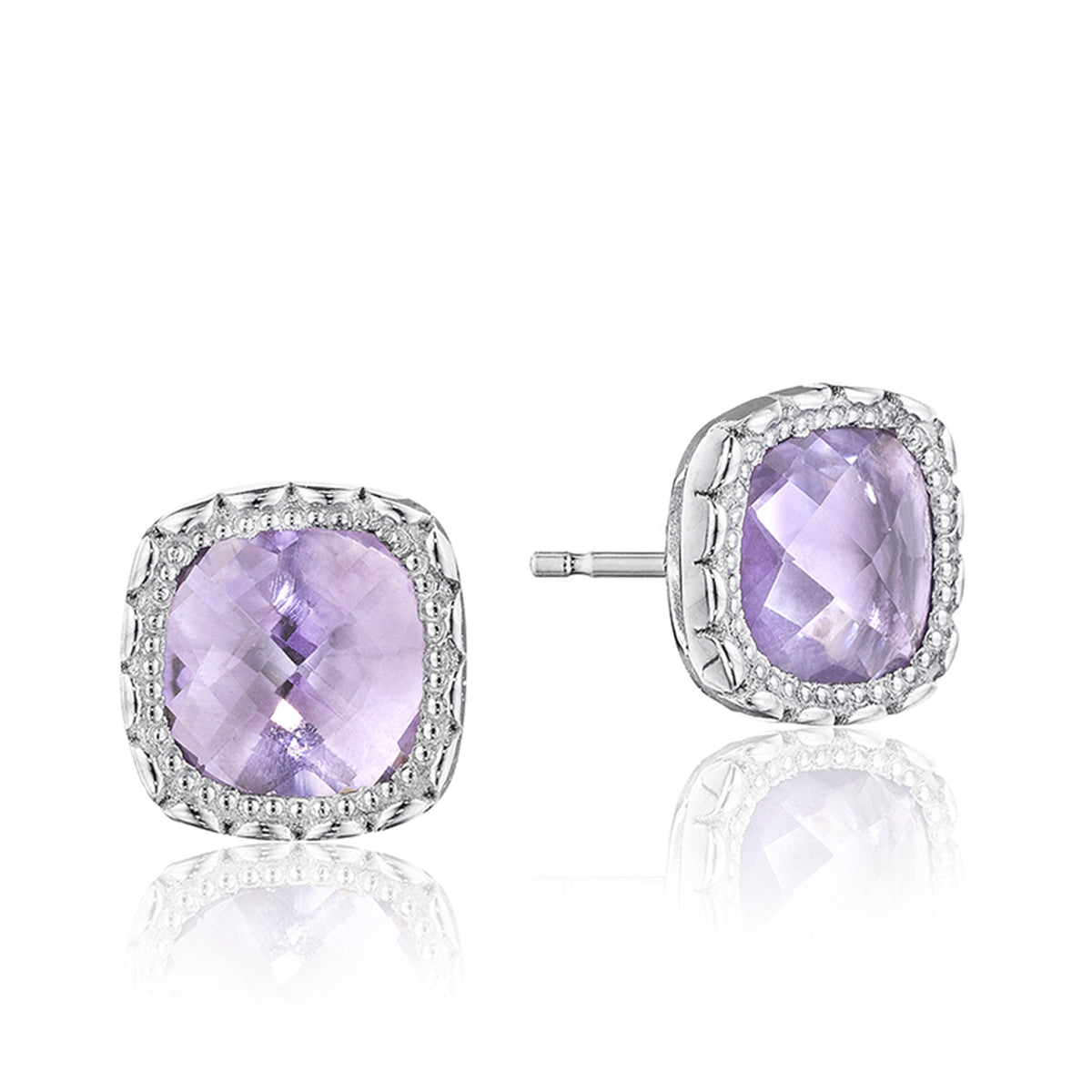 Crescent Embrace Rose Amethyst Fashion Earrings | SE24513 featuring a square cushion-cut rose amethyst gemstone surrounded by a decorative metal border set with small clear stones.
