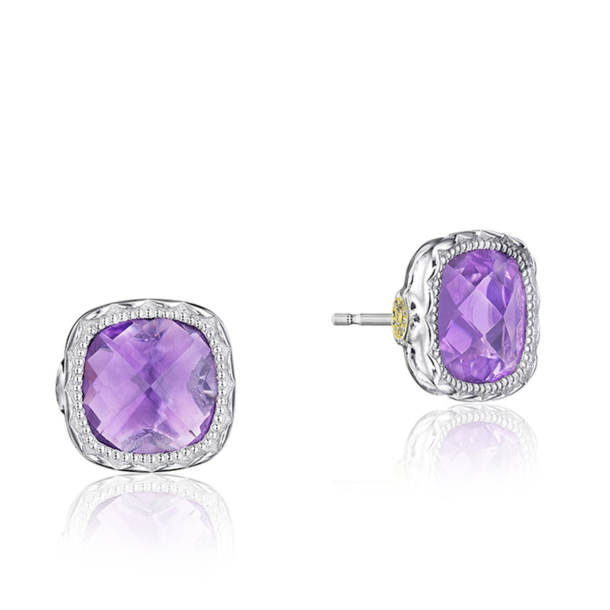 Crescent Embrace Amethyst Fashion Earrings (SE24701) are square stud earrings featuring cushion-cut amethyst stones in decorative silver settings with delicate milgrain detail.