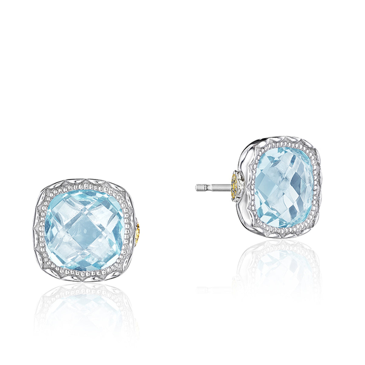 Crescent Embrace Sky Blue Topaz Fashion Earrings | SE24702 featuring cushion-cut sky blue topaz in Tacori silver frames with beaded edges.