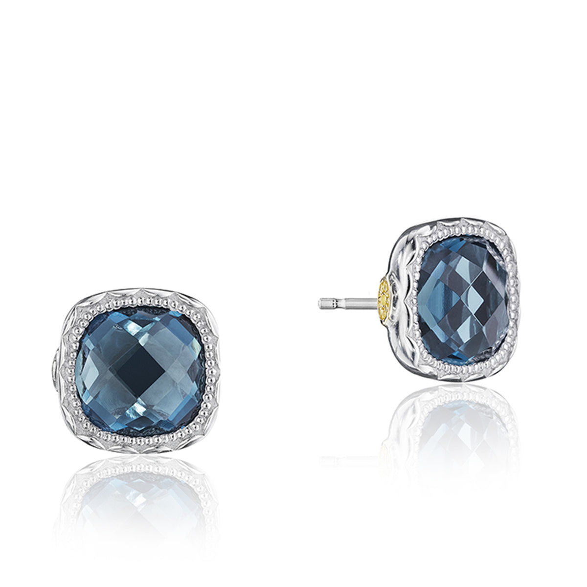 Crescent Embrace London Blue Topaz Fashion Earrings (SE24733) featuring cushion-cut London blue topaz studs framed in silver with a textured finish.