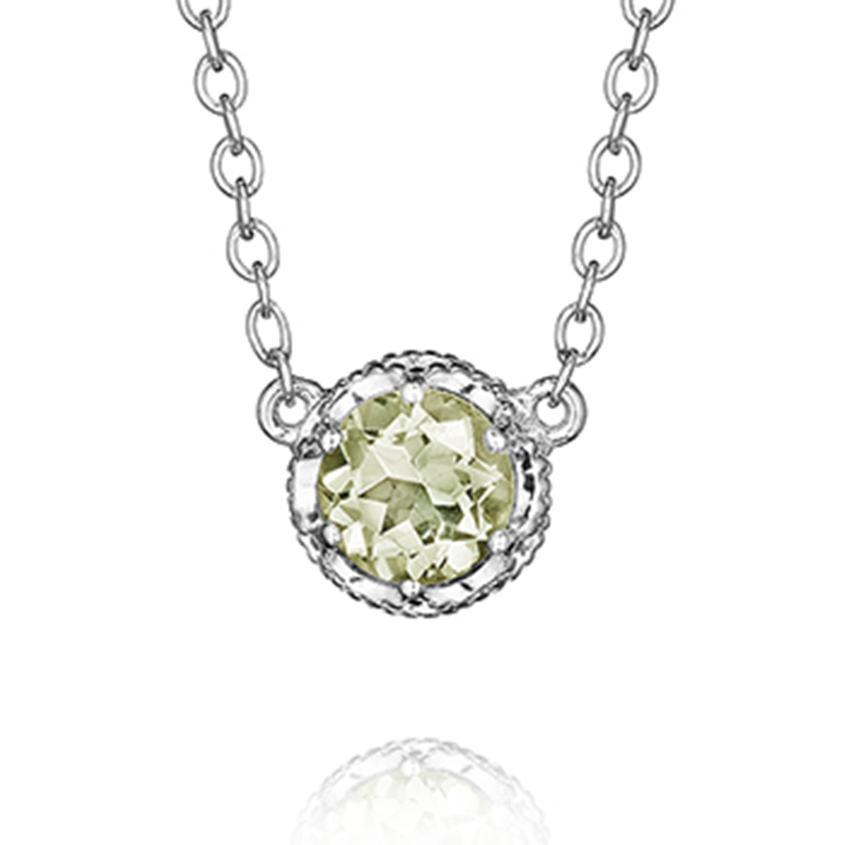 A Crescent Crown Prasiolite Fashion Necklace SN23612 featuring a cushion cut Prasiolite pendant set in a textured silver frame on a silver chain.