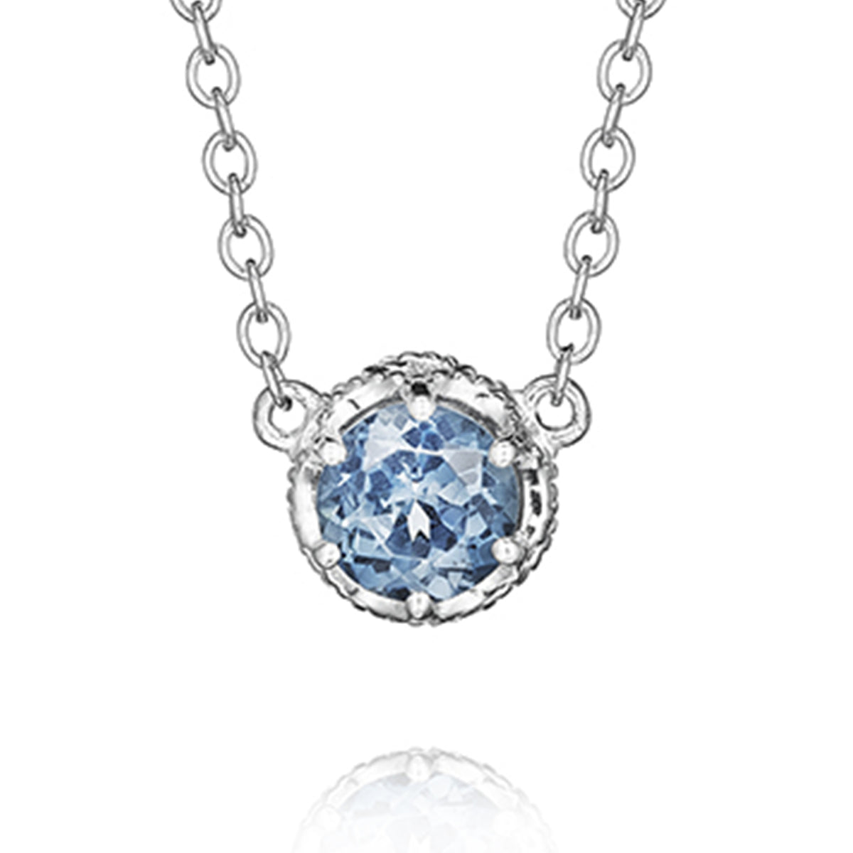 A round, London Blue Topaz Crescent Crown London Blue Topaz Fashion Necklace | SN23633 pendant in a decorative metal setting, suspended from a silver chain.
