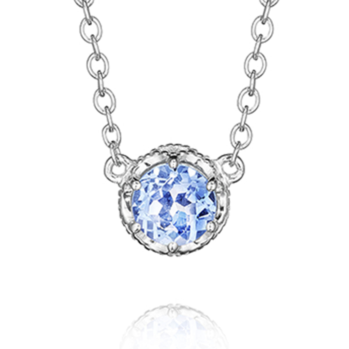 A round Swiss blue topaz Crescent Crown Swiss Blue Topaz Fashion Necklace SN23645 in a silver setting on a delicate chain.