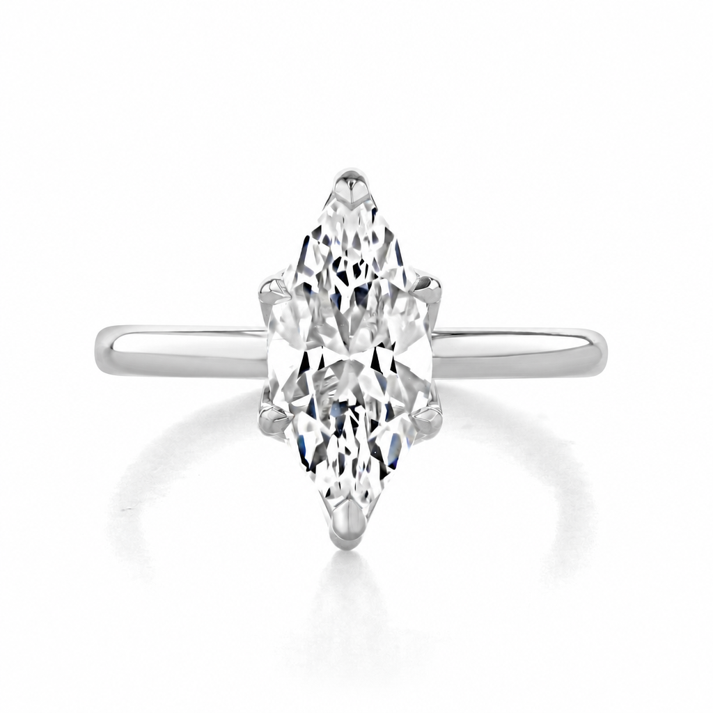 Nova | Marquise Tulip Solitaire Engagement Ring in 14k white gold, top view of a marquise center diamond in a six-prong setting.