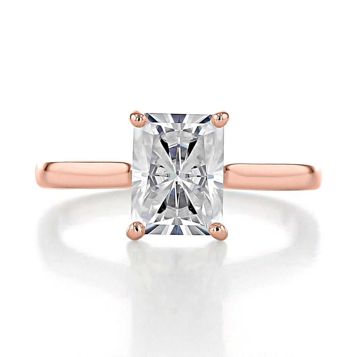 Beverly | Radiant Solitaire Engagement Ring in 14k rose gold with a radiant-cut diamond.