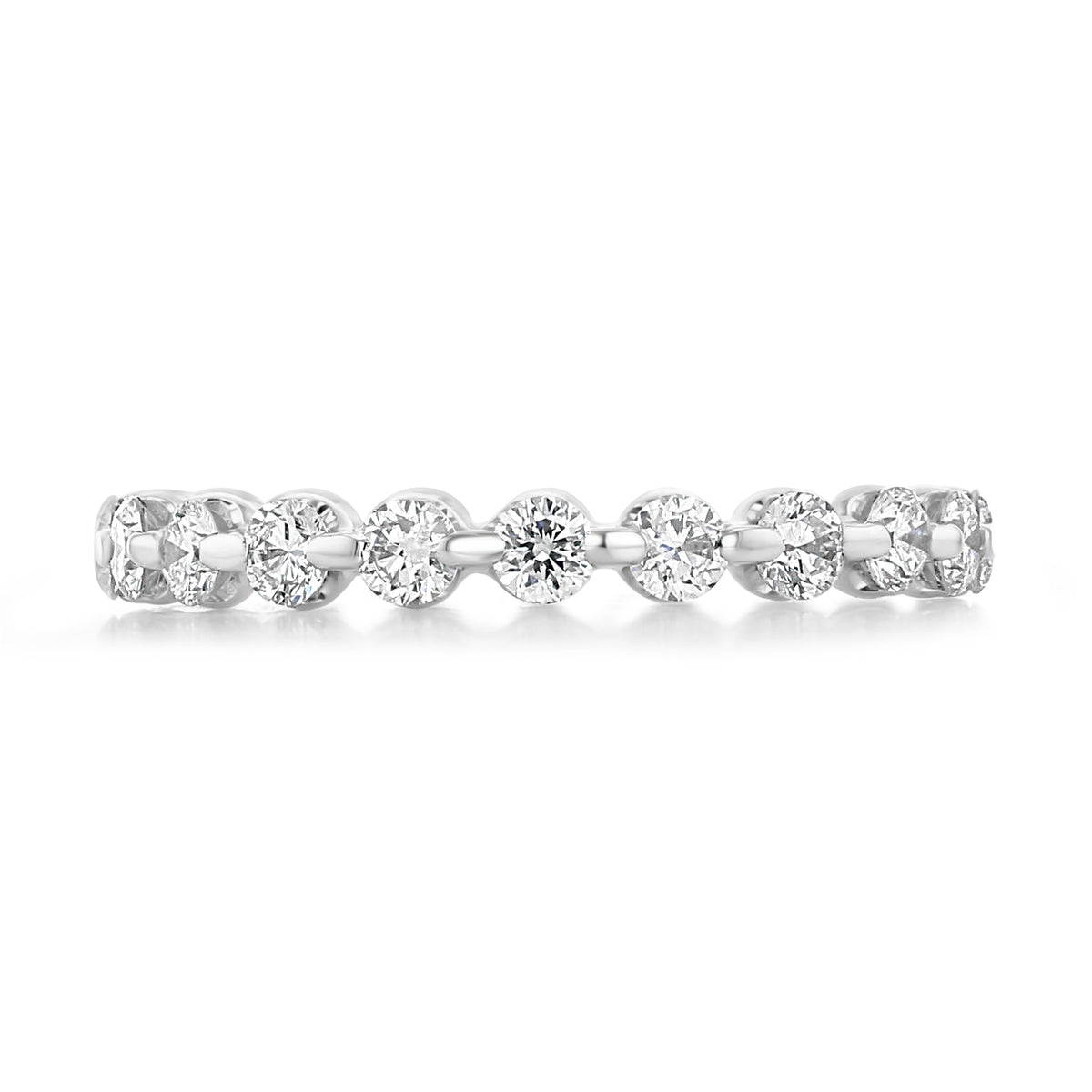 Crystal | 1.08ct Single Prong Lab Diamond Eternity Band in 14k white gold featuring a continuous row of lab diamonds set in single prongs.
