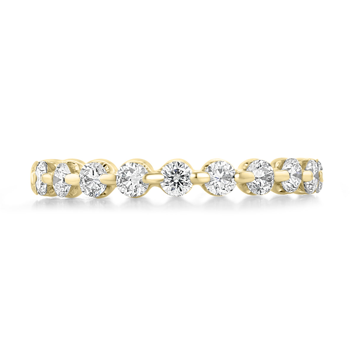 Crystal | 1.08ct Single Prong Lab Diamond Eternity Band in 14k yellow gold featuring a row of lab diamond rounds held by single prongs.