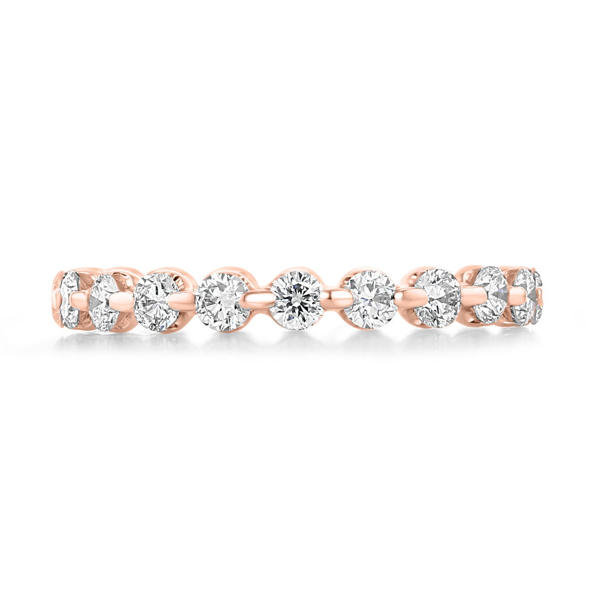 Crystal 1.08ct Single Prong Lab Diamond Eternity Band in 14k rose gold featuring a continuous row of round lab diamonds held in single-prong settings.