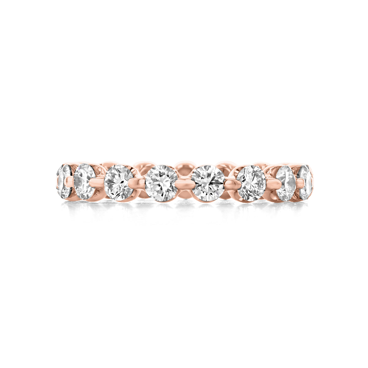 Crystal 1.56ct Single Prong Lab Diamond Eternity Band in 14k rose gold, featuring a row of round-cut diamonds held in single-prong settings.