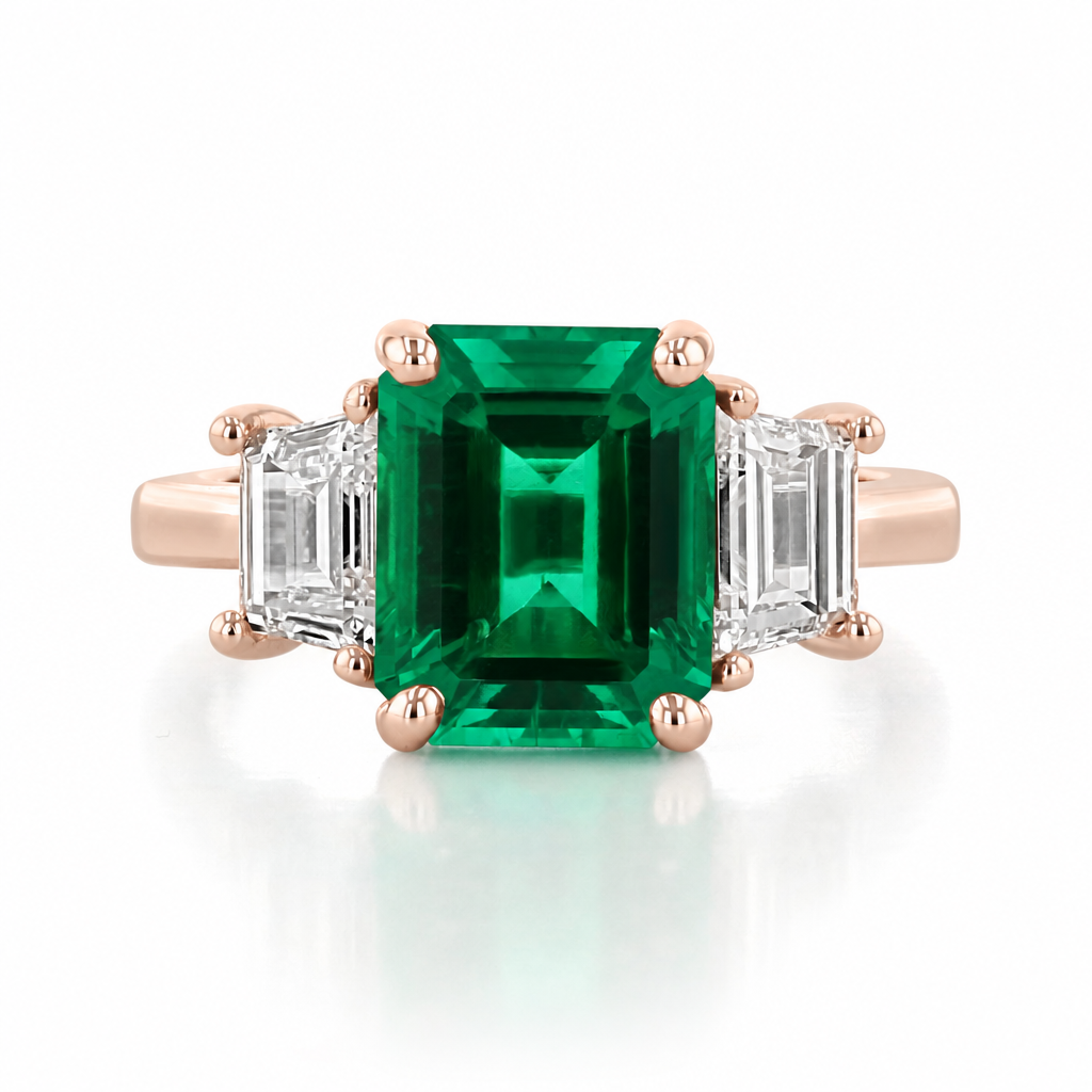 Emerald Three-Stone Engagement Ring | TR93 featuring a rectangular emerald center flanked by two baguette-cut diamonds on a 14K rose gold band.
