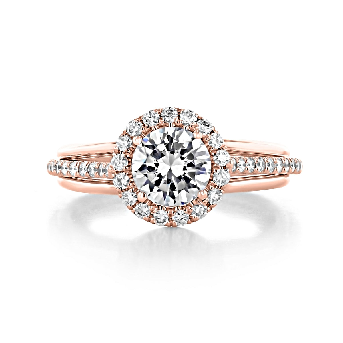 Danhov Unito | Halo Engagement Ring - UE112, a handcrafted rose gold ring featuring a round center stone and a diamond-encrusted split shank band.