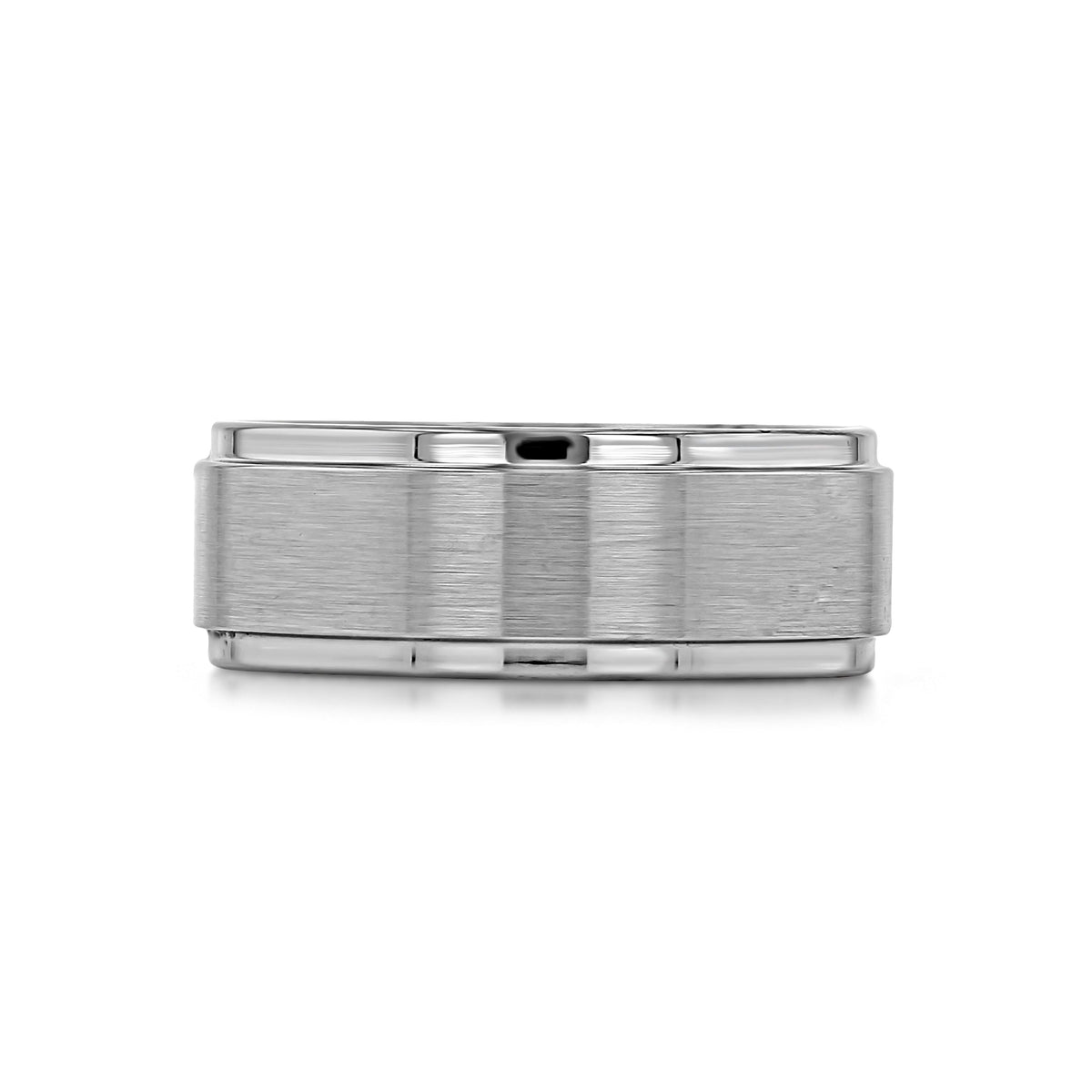 Triton Tungsten Carbide 8mm Men’s Brushed Wedding Band WB373, an 8mm wide silver-toned metal ring with a brushed center and polished beveled edges.