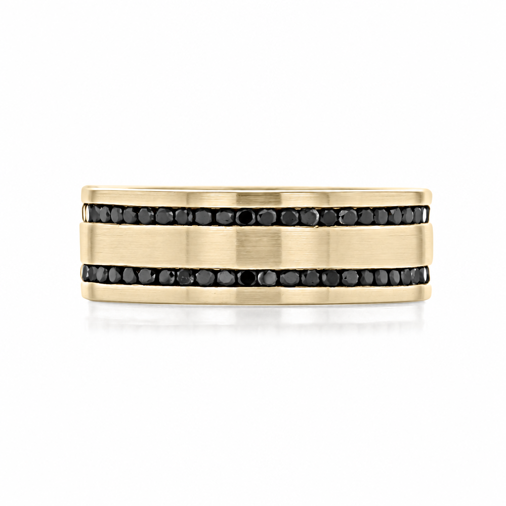 Icing On The Ring Diamond Wedding Band | WB376: a yellow gold men’s band featuring two horizontal rows of black diamonds flanking a central gold stripe.