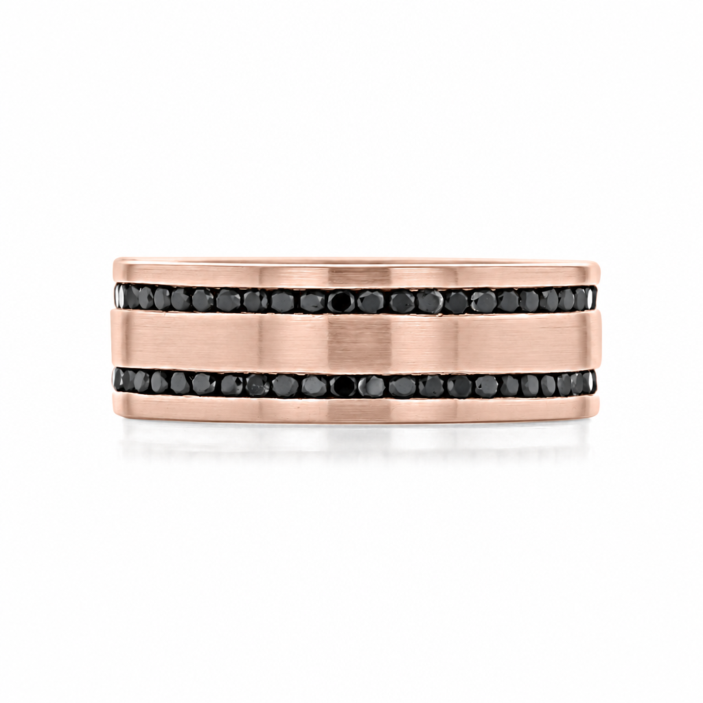 Icing On The Ring Diamond Wedding Band | WB376: a rose gold men’s wedding band featuring two rows of black diamonds.