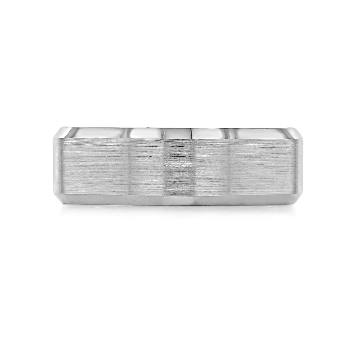 Icing On The Ring Beveled Wedding Band WB437, a 14k grey gold men’s wedding band with a flat, brushed center and polished, beveled edges.