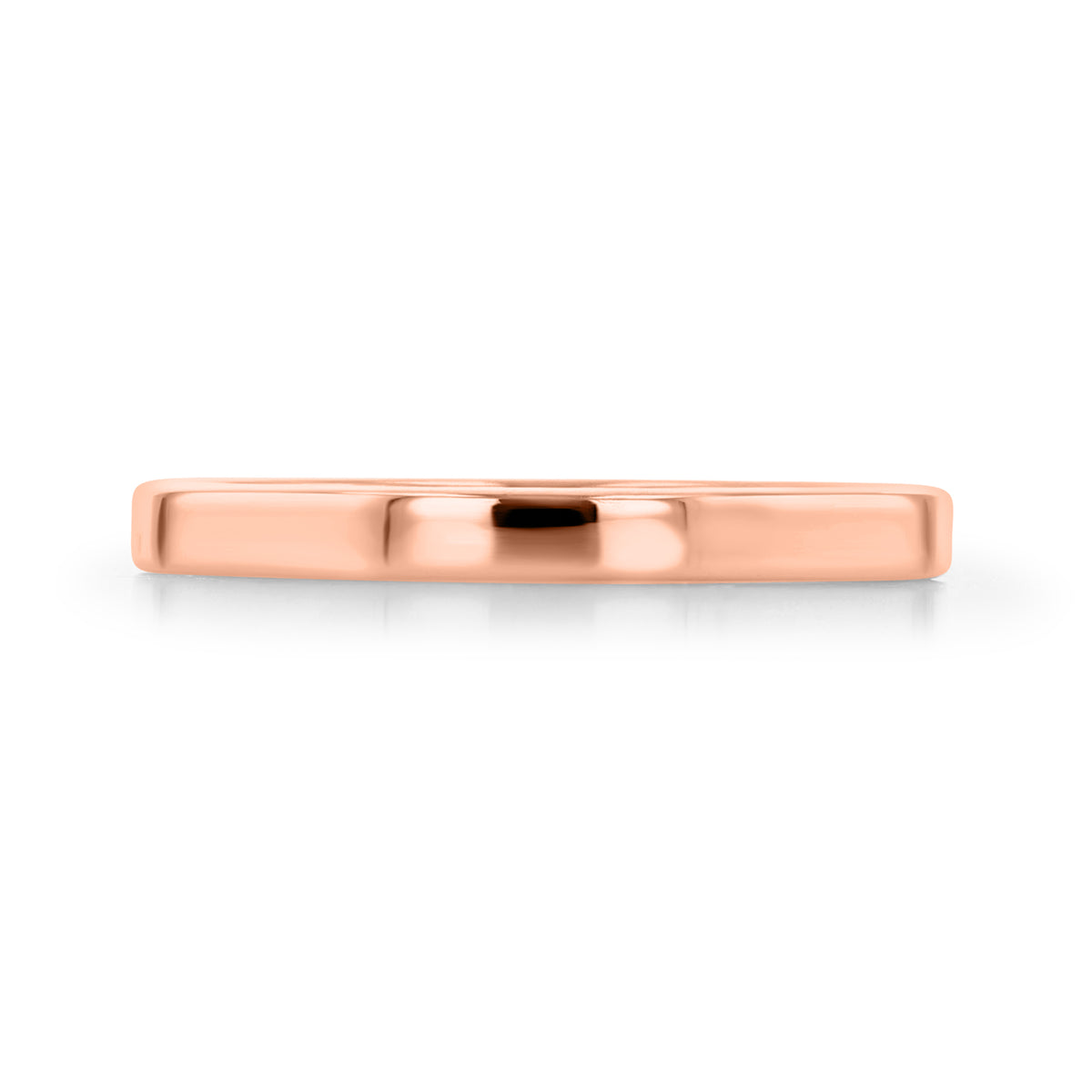 A Hadley 2mm Flat Top Polished Wedding Band in rose gold with a flat-top, polished finish designed for an elegant stackable look.