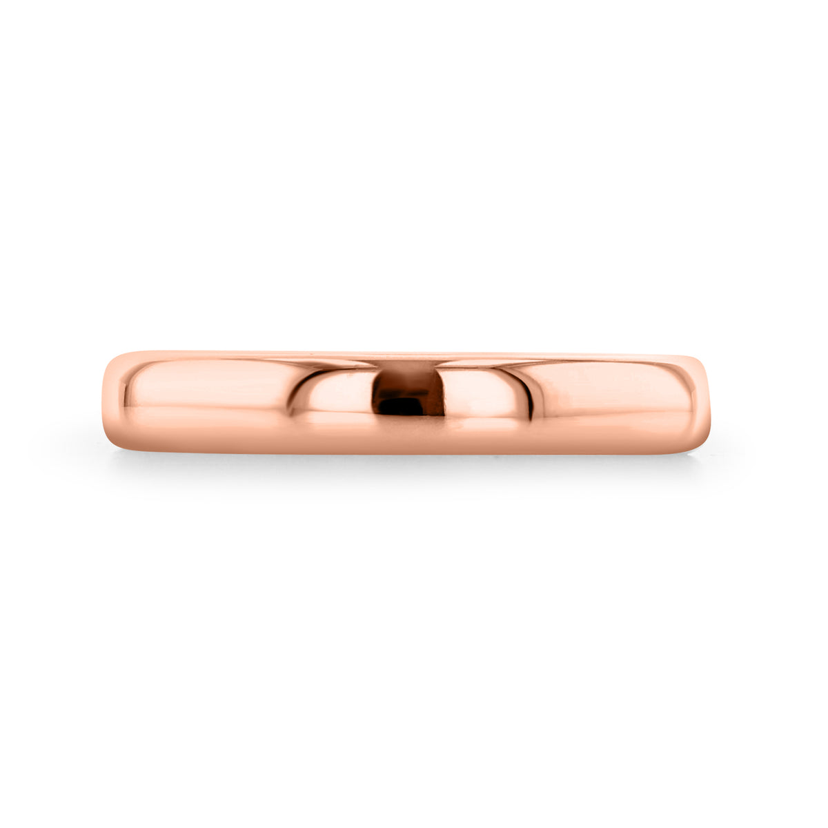 A Clarita 3mm Low Dome Polished Wedding Band in rose gold, featuring a smooth, low-domed profile and a minimalist aesthetic.