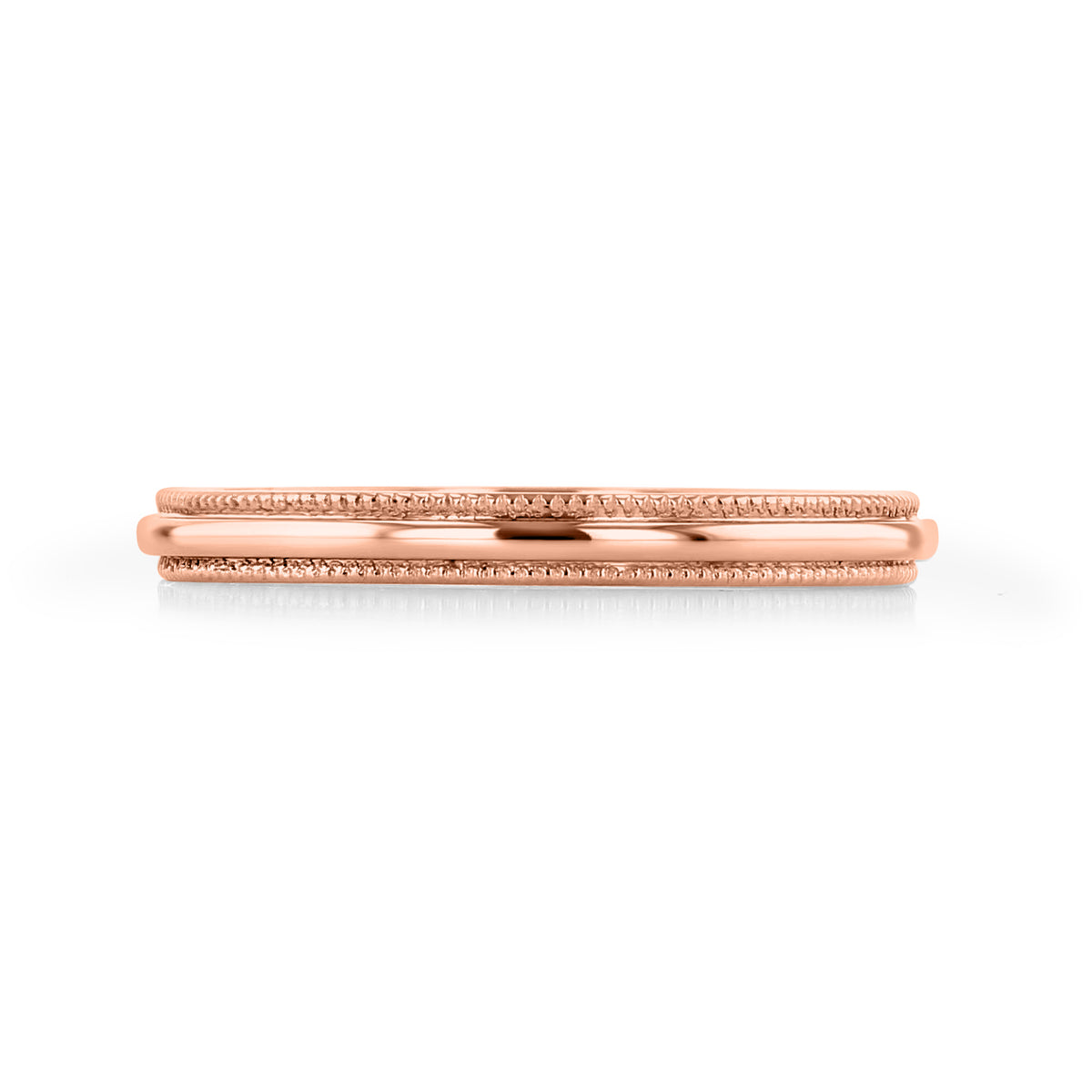 Delia 2mm Milgrain Polished Wedding Band in 14k rose gold with a smooth center ridge and milgrain beaded edges.