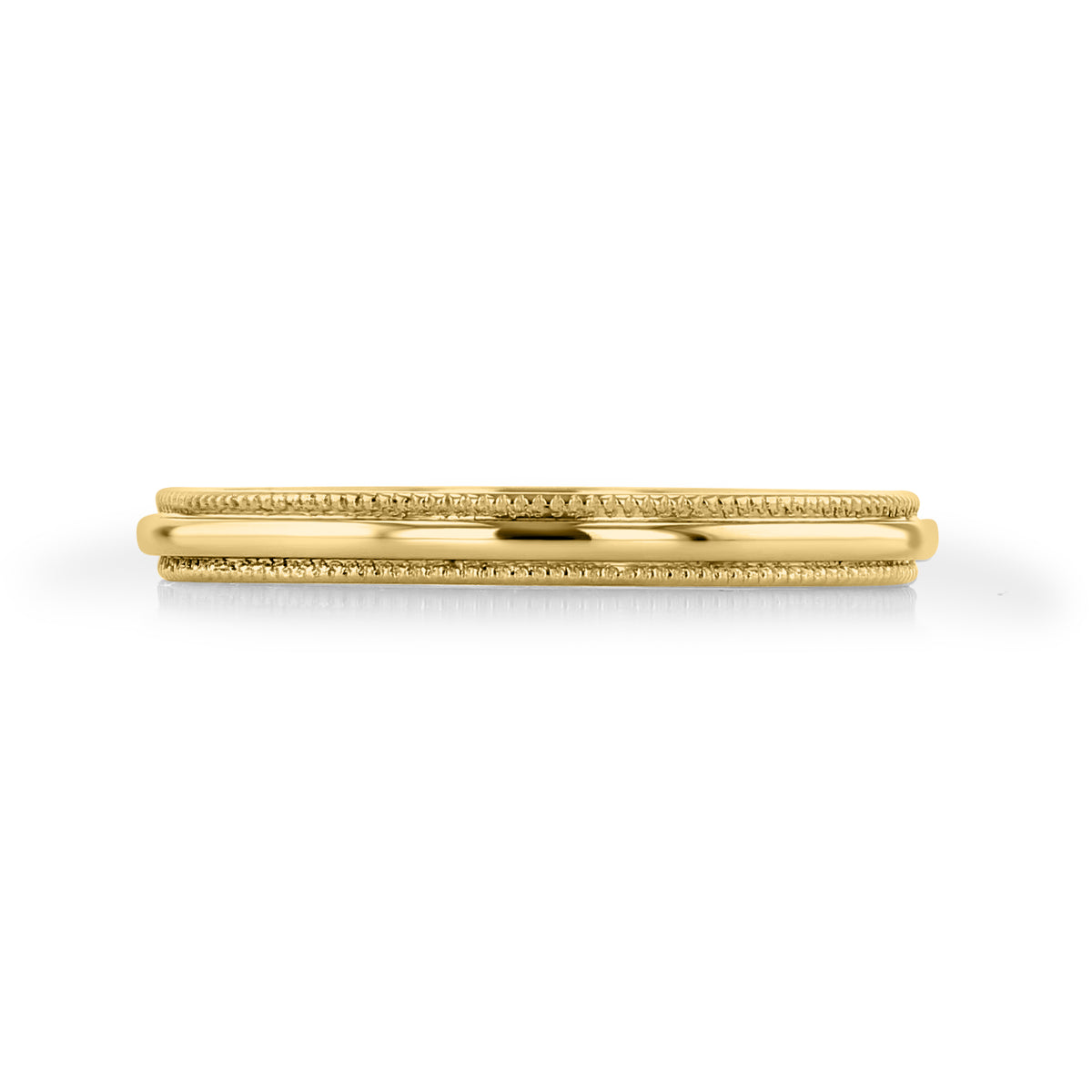 Delia 2mm Milgrain Polished Wedding Band in 14k yellow gold, featuring a polished center and milgrain beaded edges.