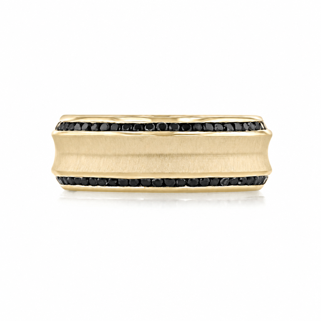 Icing On The Ring Diamond Wedding Band | WB515 yellow gold men’s ring featuring a brushed center finish bordered by two rows of black diamonds.