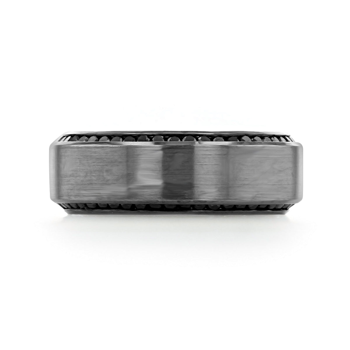 Black Rhodium 8mm Men’s Diamond Wedding Band | WB525 featuring a brushed center stripe flanked by two rows of small black diamonds.