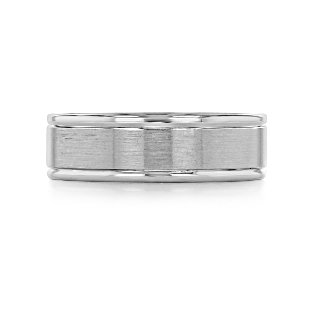 Brushed Wedding Band WB529 is a 14k grey gold men’s wedding band featuring a brushed matte center with polished, raised edges.